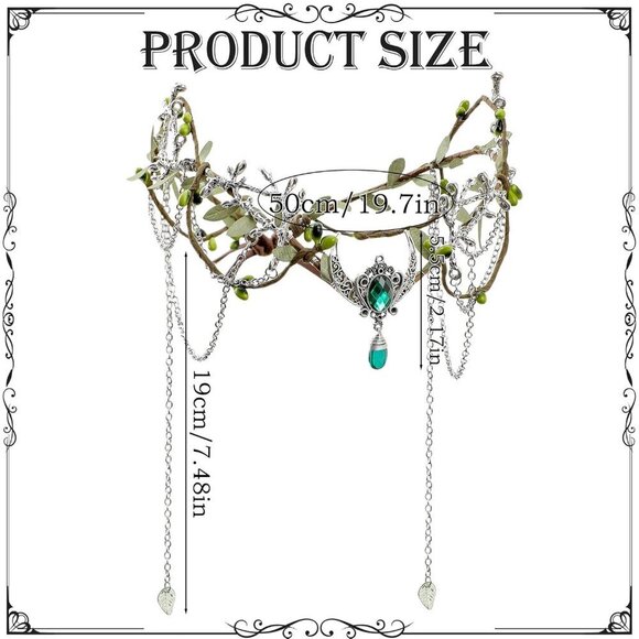 Woodland Fairy Headpiece for Women Green Elf Crown Tassel Medieval Costume